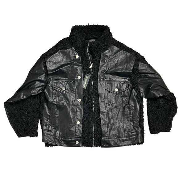 Blank NYC Jacket S Black Sherpa Oversized Vegan Leather Trucker Funnel Zip Comfy - Picture 2 of 14